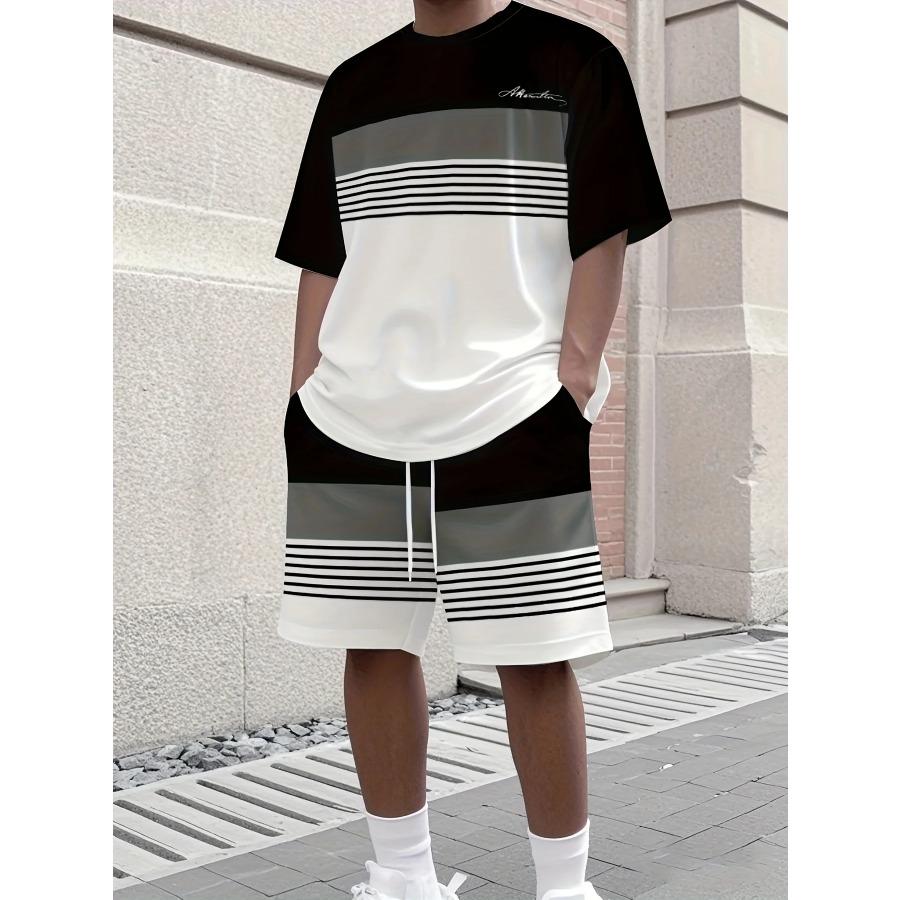 Men's Athletic Set Two-Piece Set Crew Neck Short Sleeve Top & Shorts Men's Running Outfit Plus Size T-Shirt Men's Summer T-Shirt