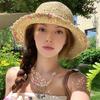 Sun Hat Pastoral Style Hand-Woven Flower Pattern Wide Brim Bucket Hat Vacation Leisure Sun Protection Hat