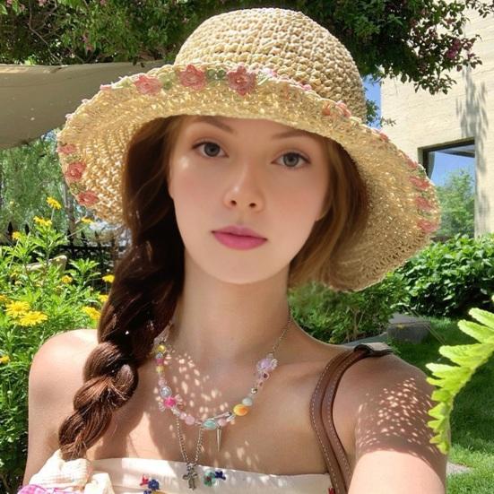 Sun Hat Pastoral Style Hand-Woven Flower Pattern Wide Brim Bucket Hat Vacation Leisure Sun Protection Hat