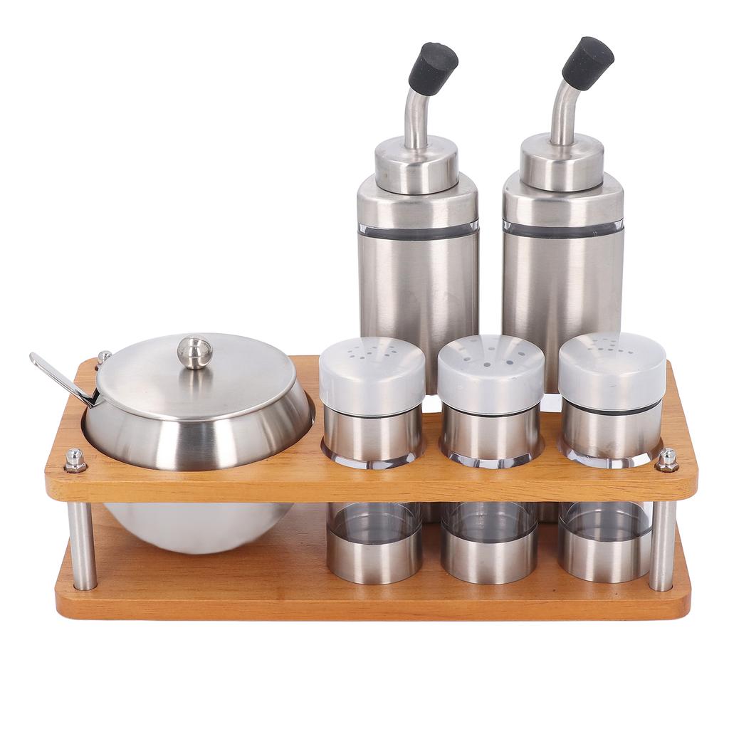Sada dávkovačů kuchyňských koření s dřevěnou základnou, multifunkční sada lahví na olejový ocet a sůl