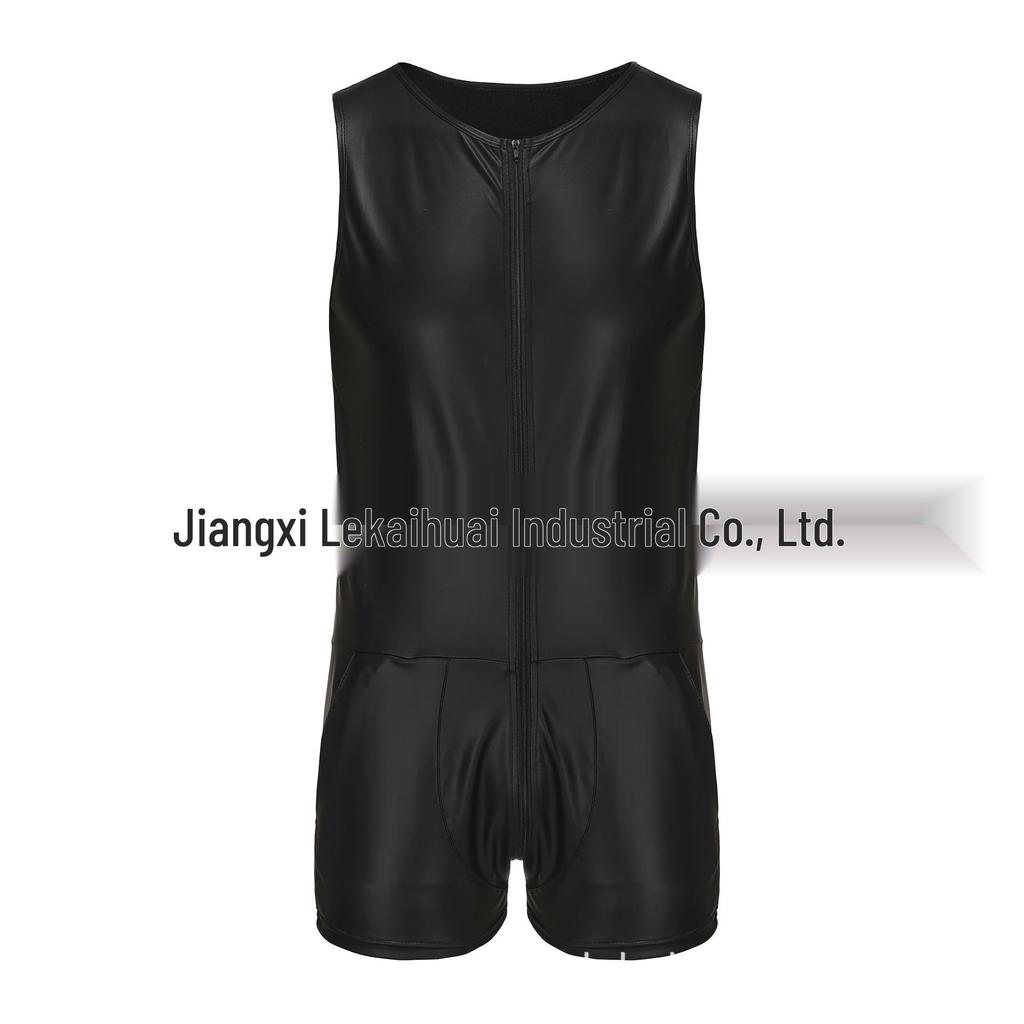 Men's Sexy Patent Leather Jumpsuit with Triple Zippers and Double Pockets - Stage Performance Costume
