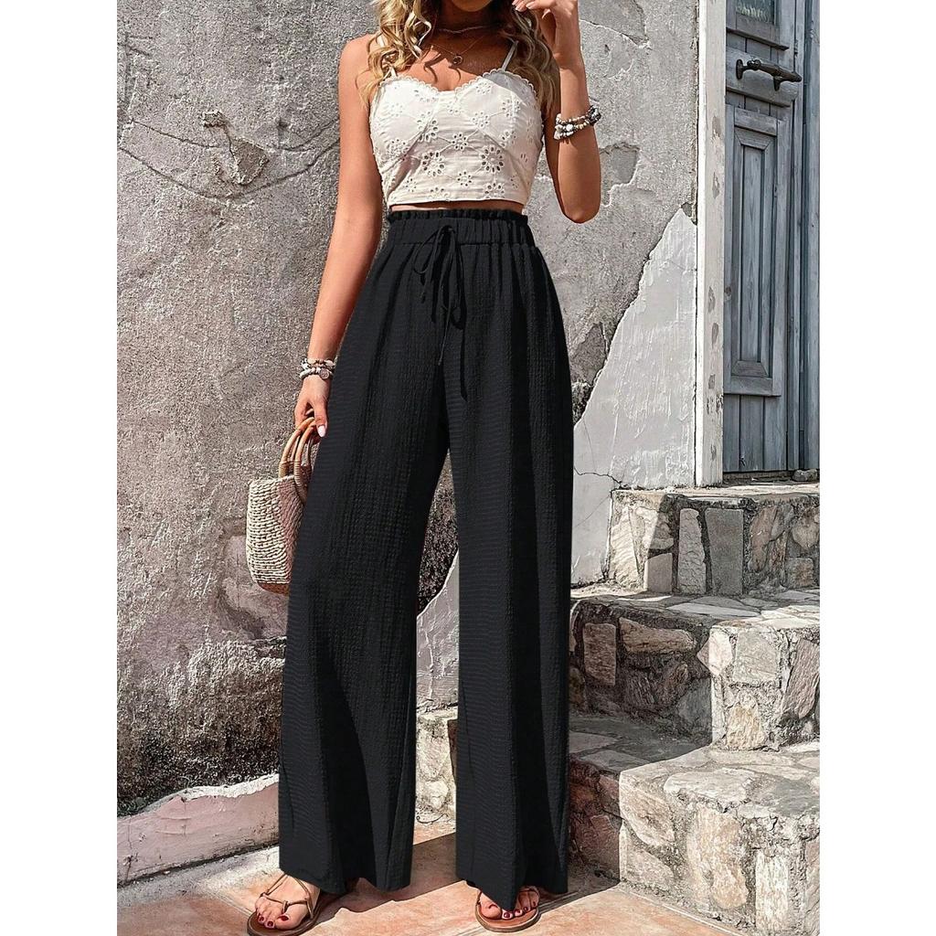 Women's Drawstring Elastic Waist Textured Crinkle Wide Leg Pants Loose Fit Casual Summer Beach Trousers