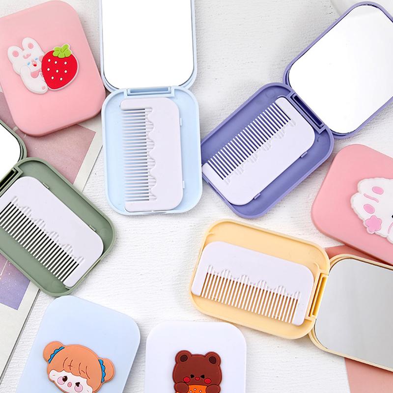 Perie de păr portabilă de buzunar cu desen animat, mică pentru călătorie, masaj, mini oglindă de buzunar, pieptene pliabil pentru femei, fete, instrumente de styling drăguțe