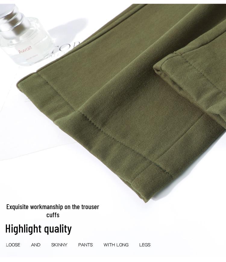 Women's Black Fleece-Lined High Waist Cargo Pants - Autumn/Winter, Slim-Fit, Straight-Wide Leg