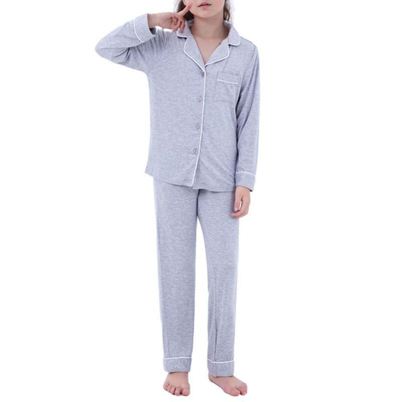 5-14 let Dětský Dívčí Pyžamový Set Dlouhý Rukáv Knoflíkový Top a Kalhoty Domácí Oblečení