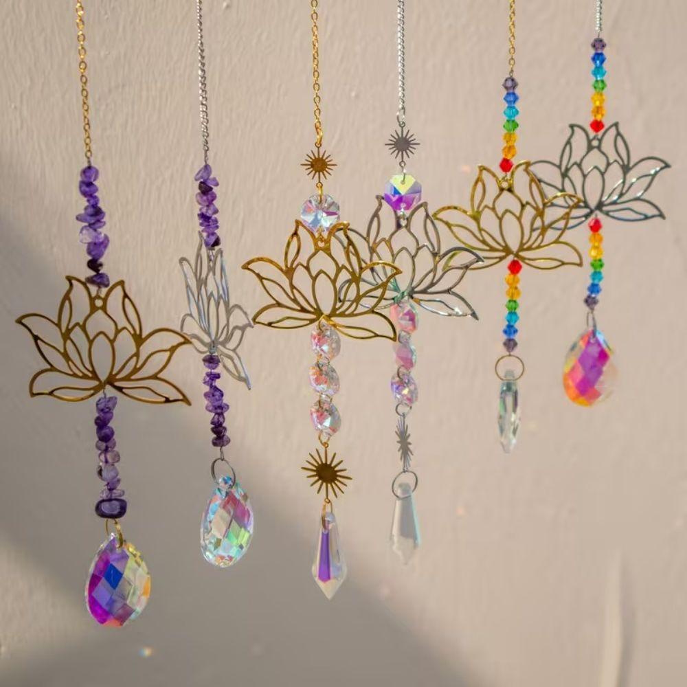 Decoration Rhinestone Hanging Hollow Crystal Lotus Pendant Glass Sun Catcher Outdoor Indoor