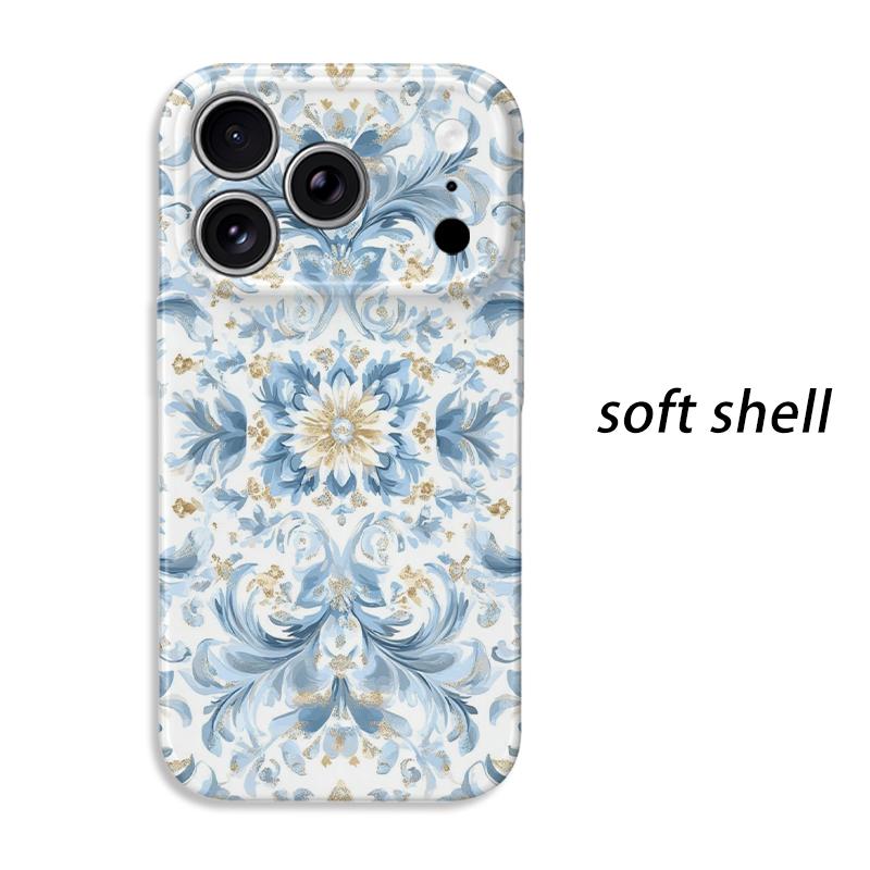 Refined Blue Gold Ornate Baroque Floral Pattern Graphic Art Film Aesthetic Protective Shockproof Bumper Case Cover For iPhone 13 14 15 16 Pro Max Plus
