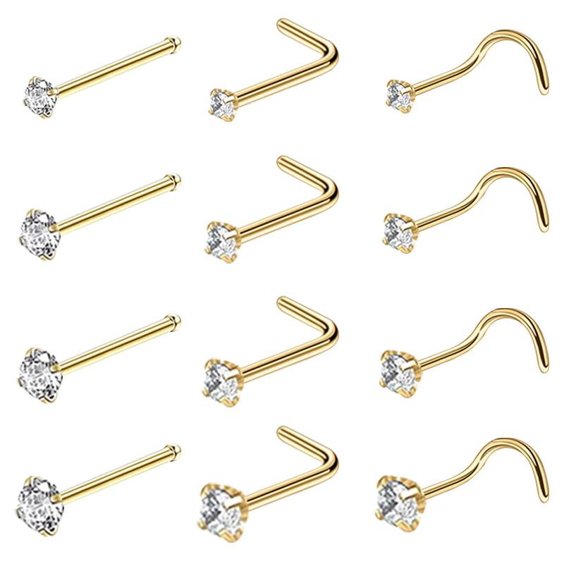 4/12PCS Stainless Steel Zircon Nose Piercing Stud Set L Shape Nose Ring Lot Twist Nose Ring Stud Bulk Body Piercing Nariz Pack