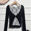Korean Style Lace Patchwork Pleated Slim Fit Long Sleeve Top for Early Autumn 2025