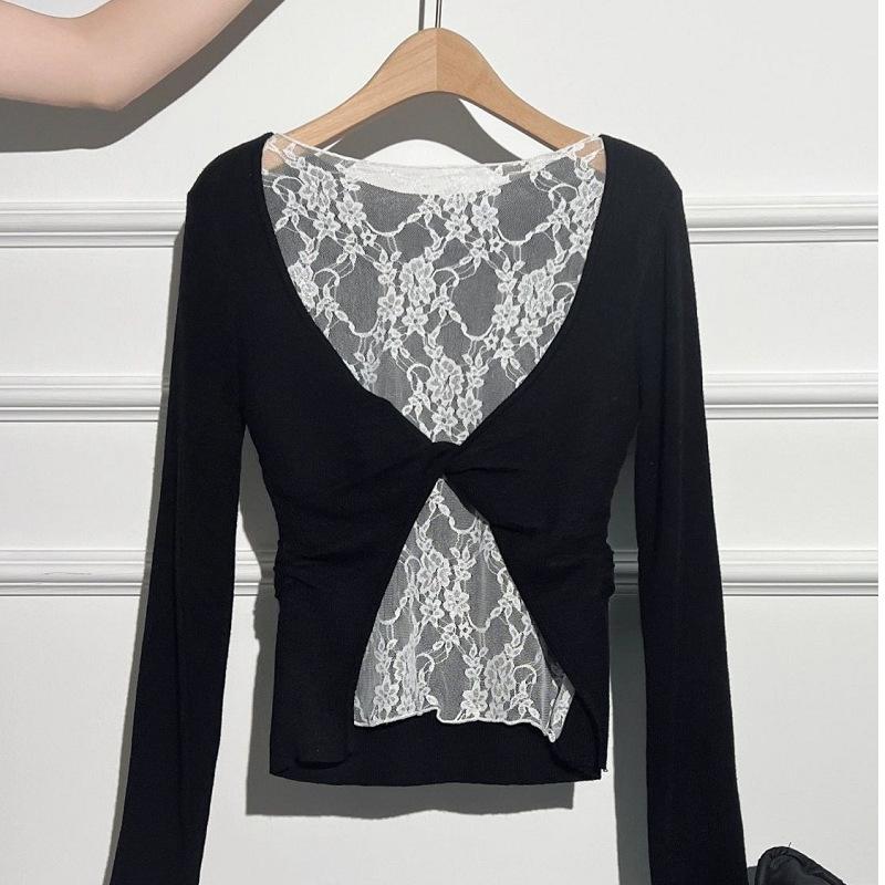 Korean Style Lace Patchwork Pleated Slim Fit Long Sleeve Top for Early Autumn 2025