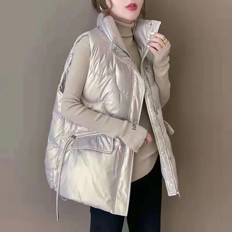 Autumn Winter Women`s Down Cotton Vest Fashion Stand Collar Bright Sleeveless Padded Coat Casual Trend Women Vest Jacket