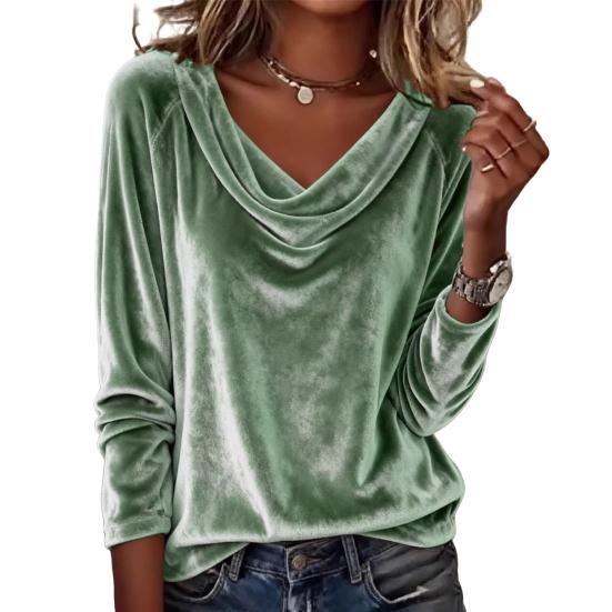Women Tops Loose Fit Large Neckline Long Sleeve Velvet Texture Pullover Tops Solid Color