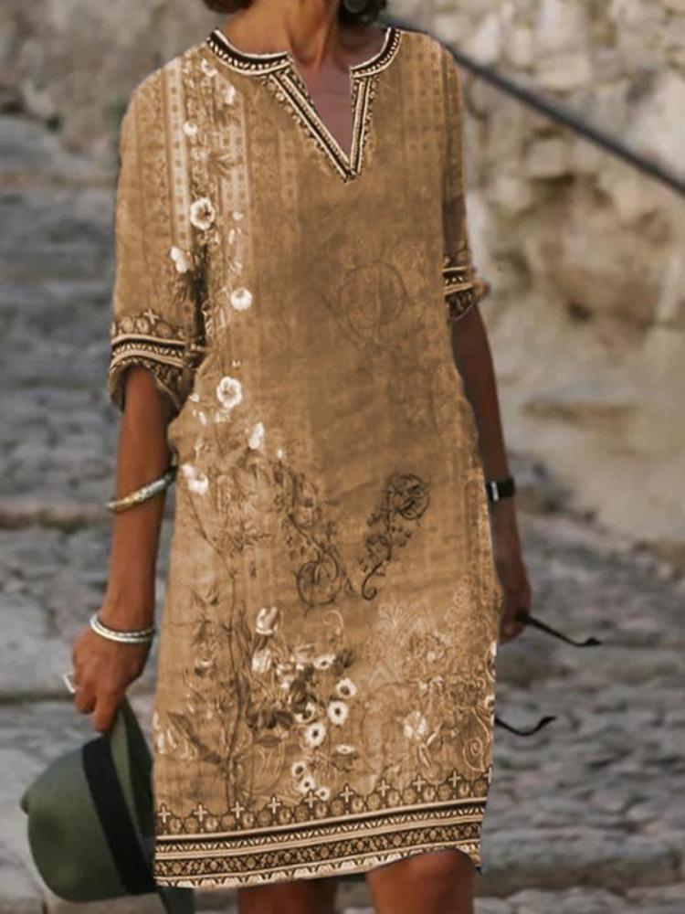 Women Spring Summer Fashion New Printed Ethnic Style V Neck Casual Dress