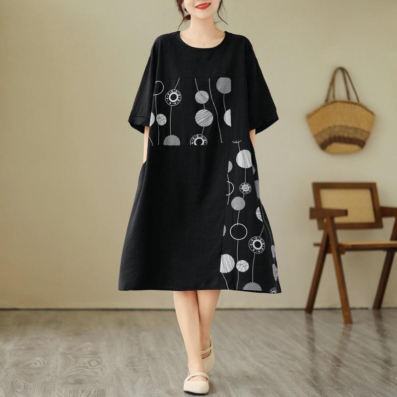 

Новинка жіночих суконь з коротким рукавом, бавовняного вінтажного квіткового принтом, повсякденного вільного крою, з коротким рукавом чорний