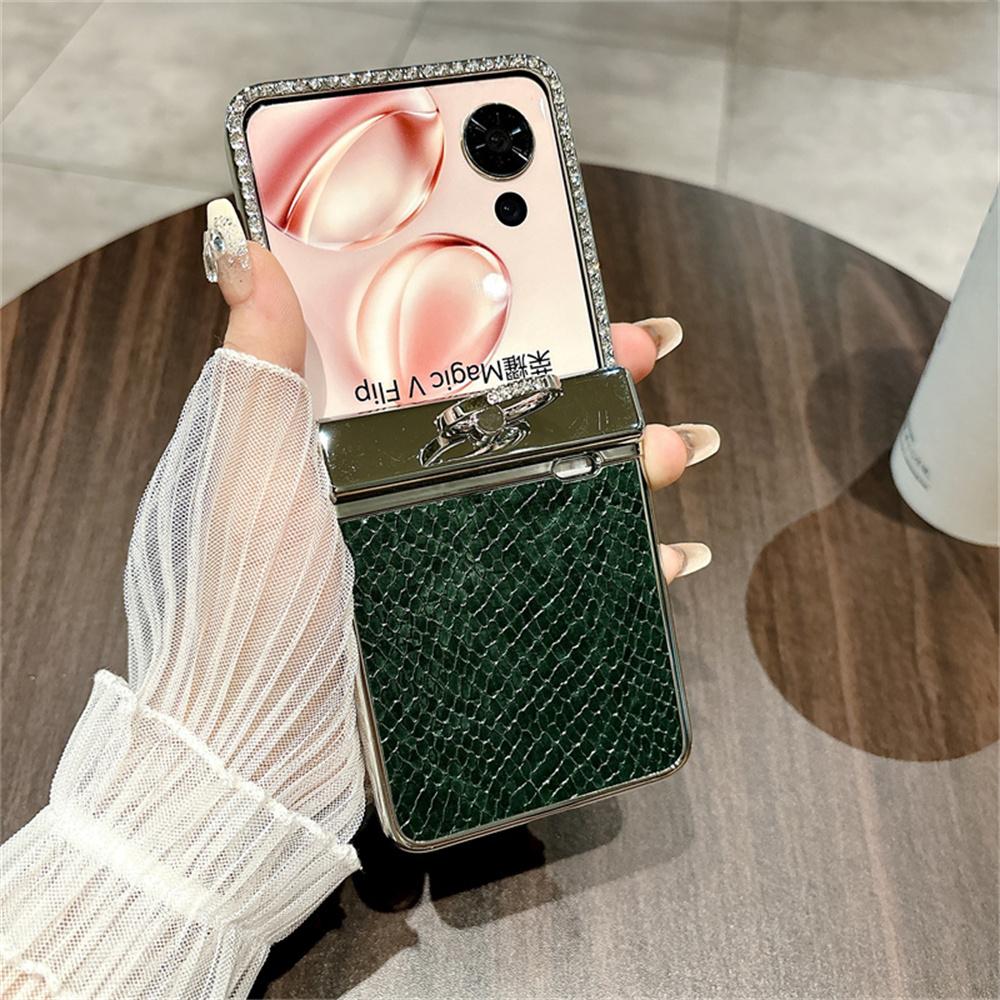

For Honor Magic V Flip 5G Case Fish Scale Texture Ring Holder PC Rhinestone Phone Cover Green
