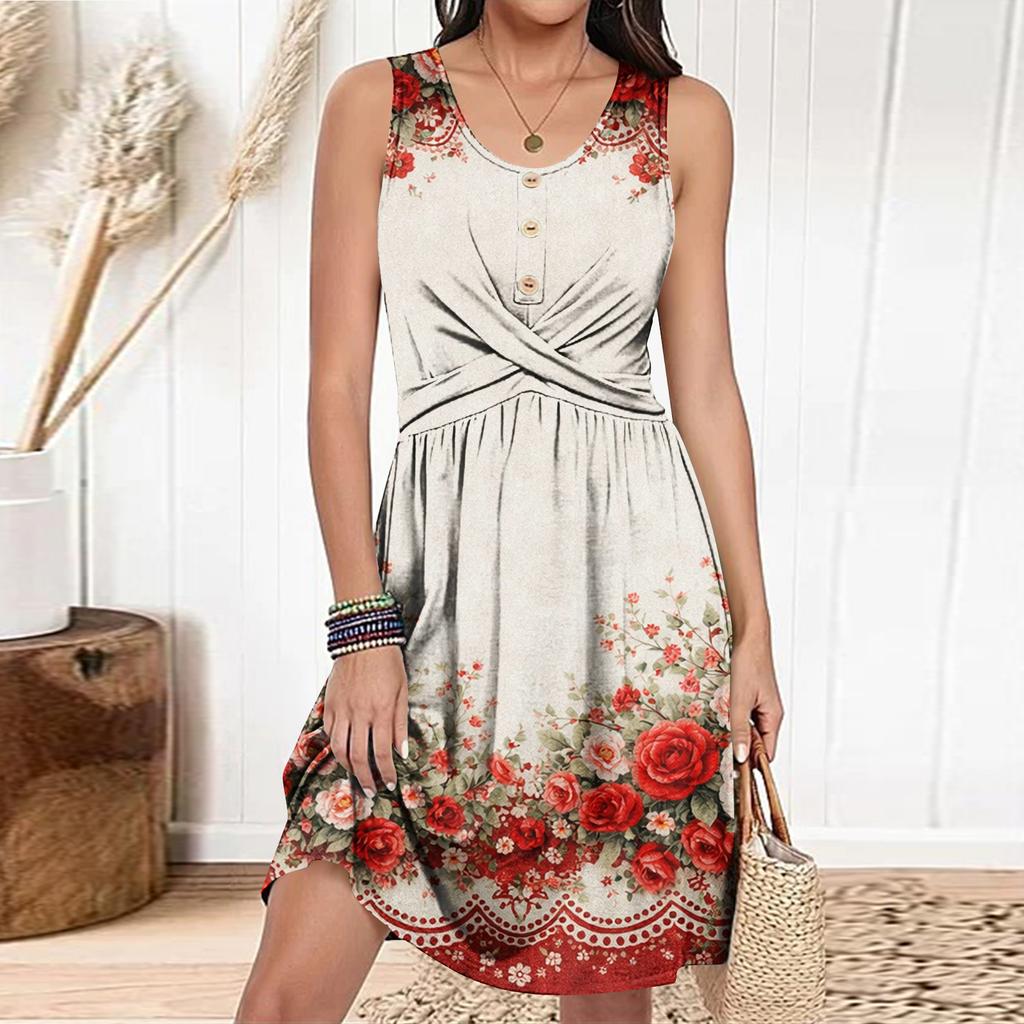 Women's Casual Fashion Dress Round Neck Sleeveless Fitted Dress