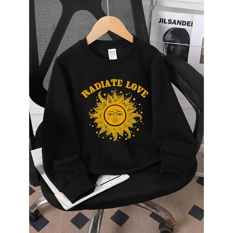 Girls' Crewneck Sweatshirt | Radiate Love Sun Face Design, Cute Print, Soft Casual, Easy-Care, Regular Fit