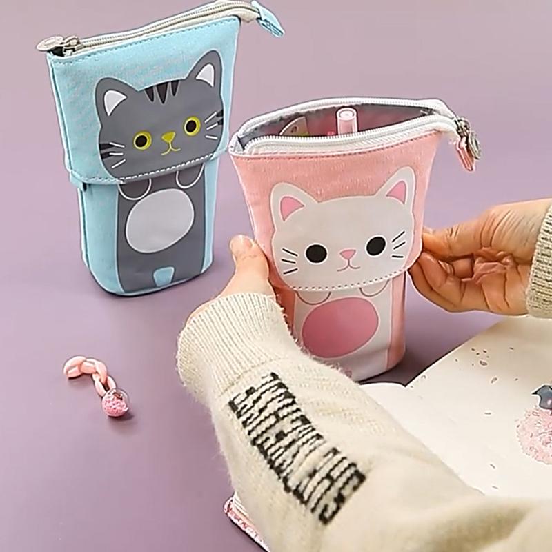 Cute Cat Standing Pencil Case Telescopic Pencil Holder Kawaii Stand Up Pencil Case School Supplies Stationery Children Gift
