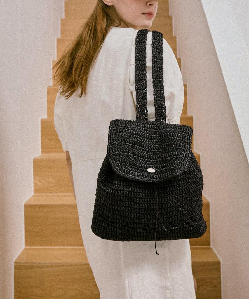 Slowslowly Lily Handmade Crochet Raffia Backpack (+Gift Heart Keyring Included) _ Black