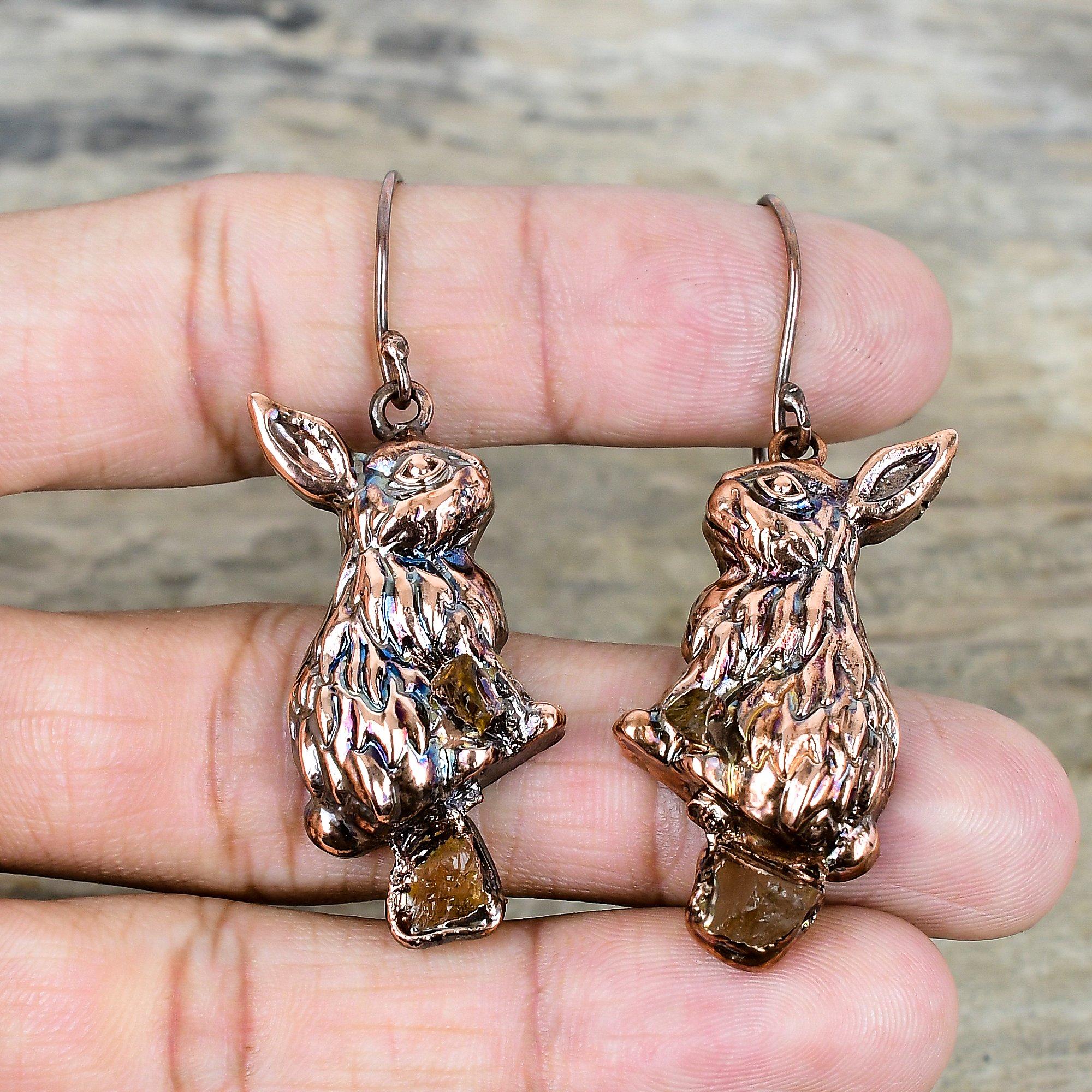 

Цитрин необработанный серьга гальванопластика медные серьги ручной работы серьга с кроликом из драгоценного камня уникальные медные украшения серьга-подвеска для подарков