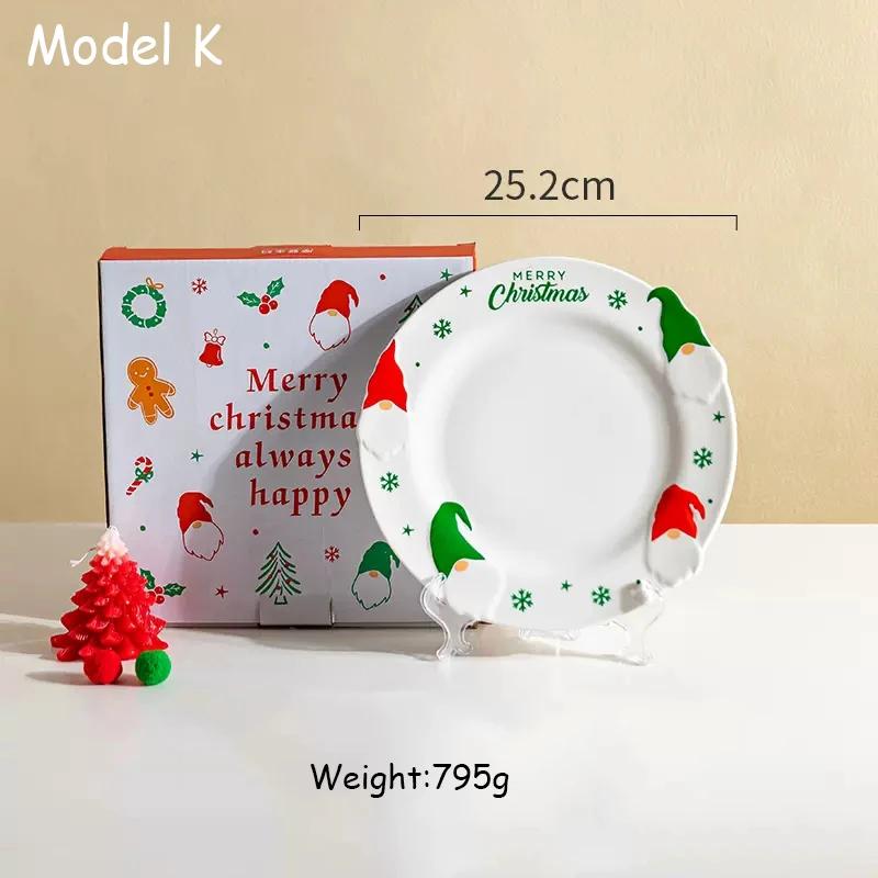 Ceramic Christmas Tableware Set with Handle, Soup Plate, Dinner Utensil, French Letter Cup, Steak Tray, Salad Bowl, Household