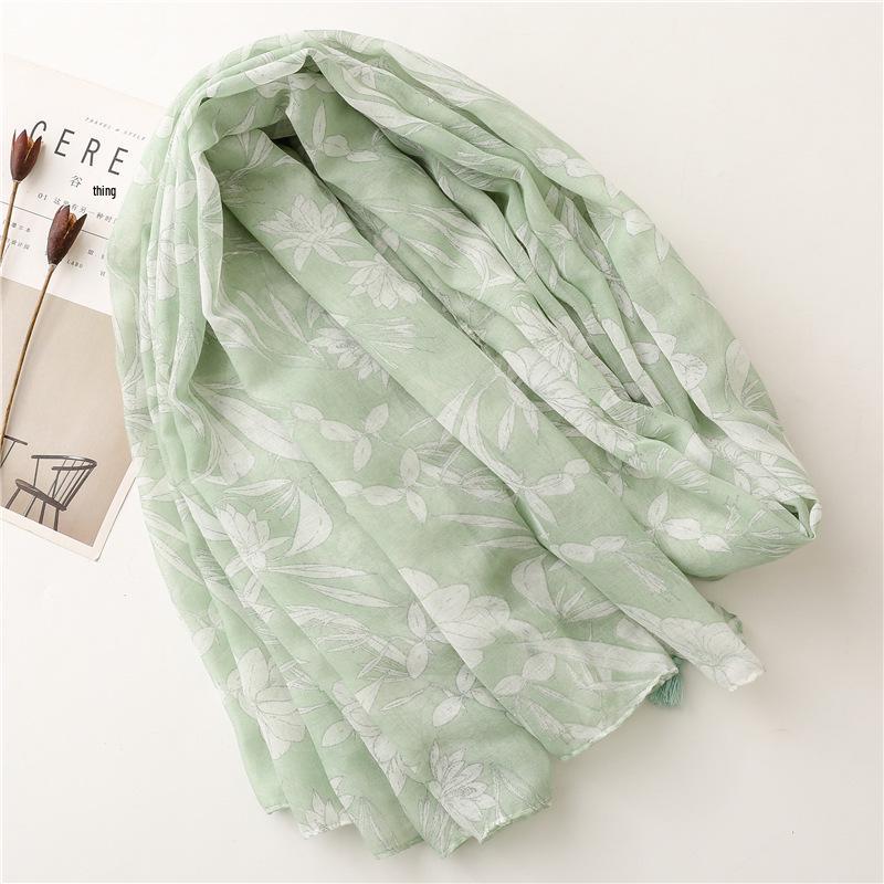 Yitao Women's Light Green Floral Cotton Linen Scarf with Tassels