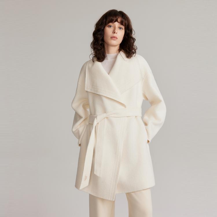ELLE French Design Lapel Solid Color Tie Shoulder Mid-Length Coat Women coats Beige EN49632