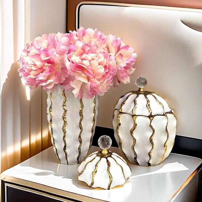 Ceramic Pot Golden Checkmate Jar Wavy Gilt Storage Tank Flower Vase Desktop Storage Container Home Decoration Accessories