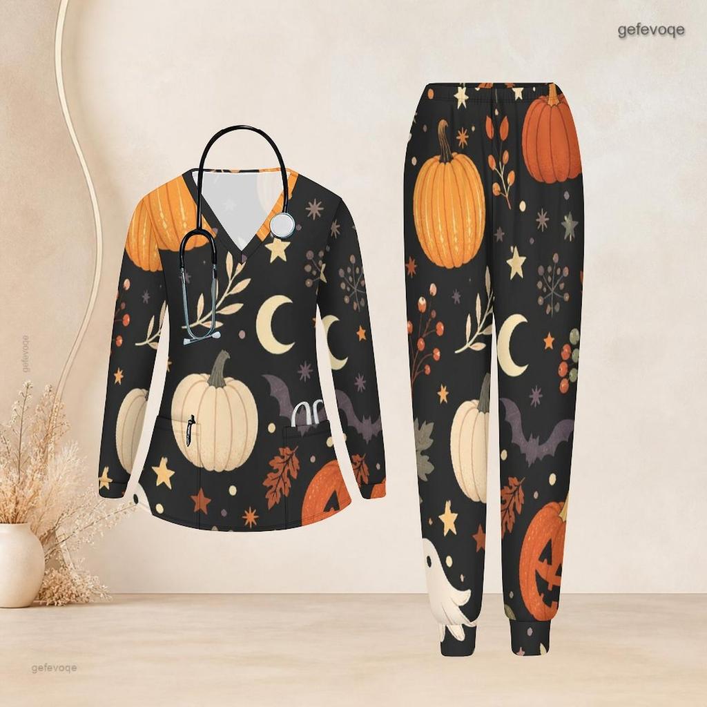 Women Plus Size V Neck Long Sleeve Scrub Set Leopard Heart Feather Boho Art Print Nurse Uniform Set