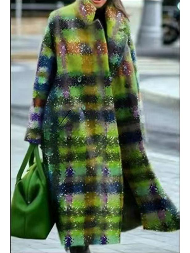 Dámský evropský a americký podzimní vlněný kabát s dlouhým rukávem a klopami s potiskem