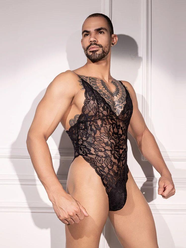 Canotta Sexy da Uomo in Pizzo Body ad Alto Taglio Gilet Lucido Oleoso Body Trasparente Perizoma Collant da Cameriera Canotta Elastica Leotard