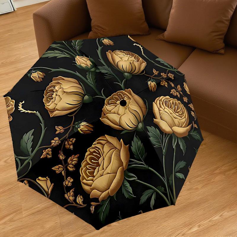 1 Stück Blumenmuster Goldene Rosen Regenschirm - 8 Speichen verstärkt, Automatisches Öffnen, Leicht & Langlebig, Niedliches Modeaccessoire für Draußen - T325