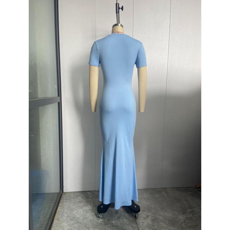 Women's Round Neck Casual Elegant Short Sleeve Tight Long Dresses