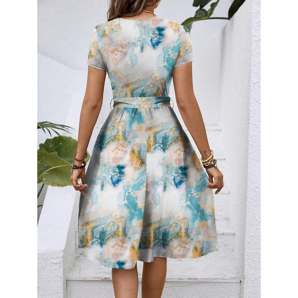 Women's Fashionable Retro Patterned Printing Color Blocked Belt Casual Dress