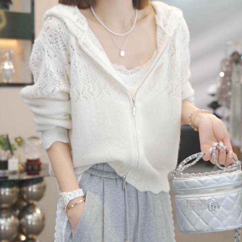 

Hollow Hooded Knitted Cardigan for Women in Spring 2025 New Style Versatile Casual Sun Protection Jacket Top OneSize