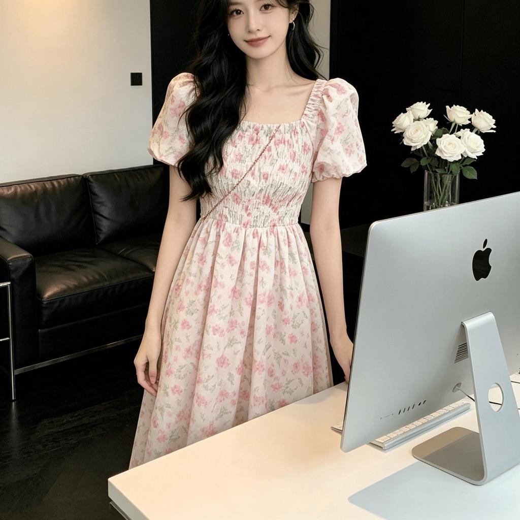 Sweet pleated bubble sleeves floral square neck dress women's summer waist super fairy French A word medium and long dress