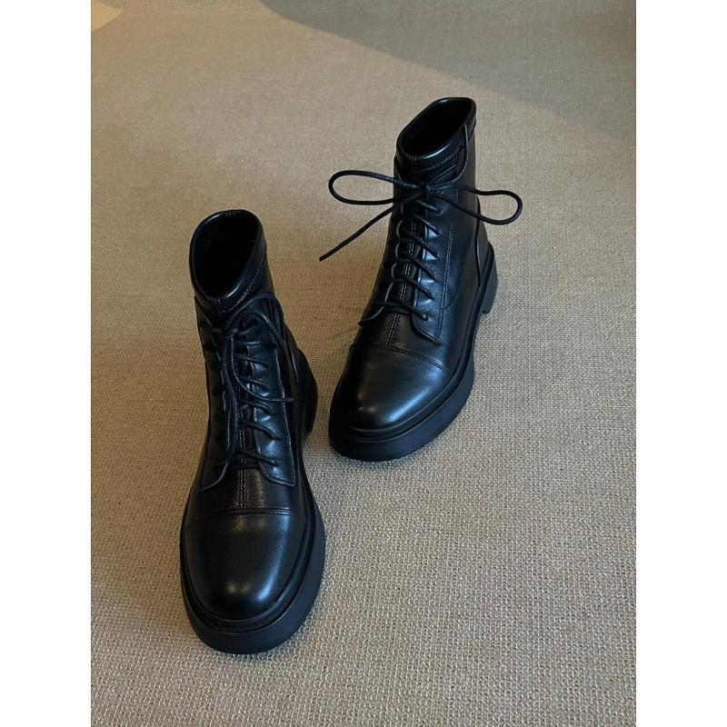 British Style Black Martin Boots Women's Round Head Thick Heel Thin Boots Thick-soled Strap Thin Short Boots