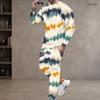 Men S Plus Size Tie Dye Printed Round Neck Long Sleeve Top Cuffed Pants Two Piece Set
