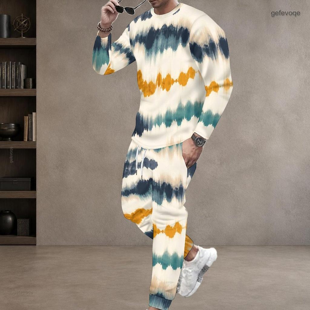 Men S Plus Size Tie Dye Printed Round Neck Long Sleeve Top Cuffed Pants Two Piece Set