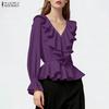 Women Elegant Ruffles V-Neck Casual Long Sleeve Blouse