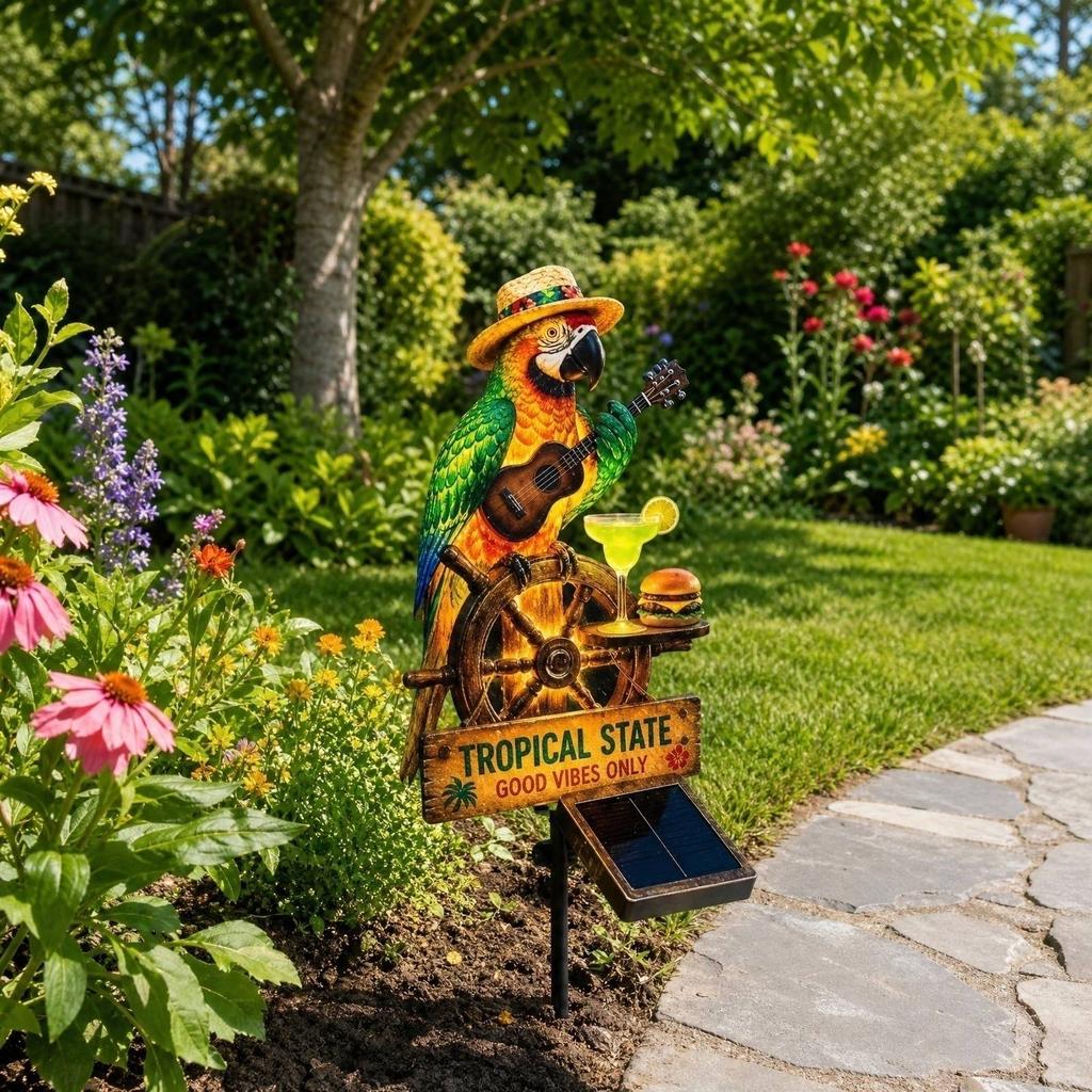 Outdoor Solar Garden Light Parrot Statue with Guitar and Tropical Sign Yard Stake Decorative Landscape Lighting for Patio Lawn