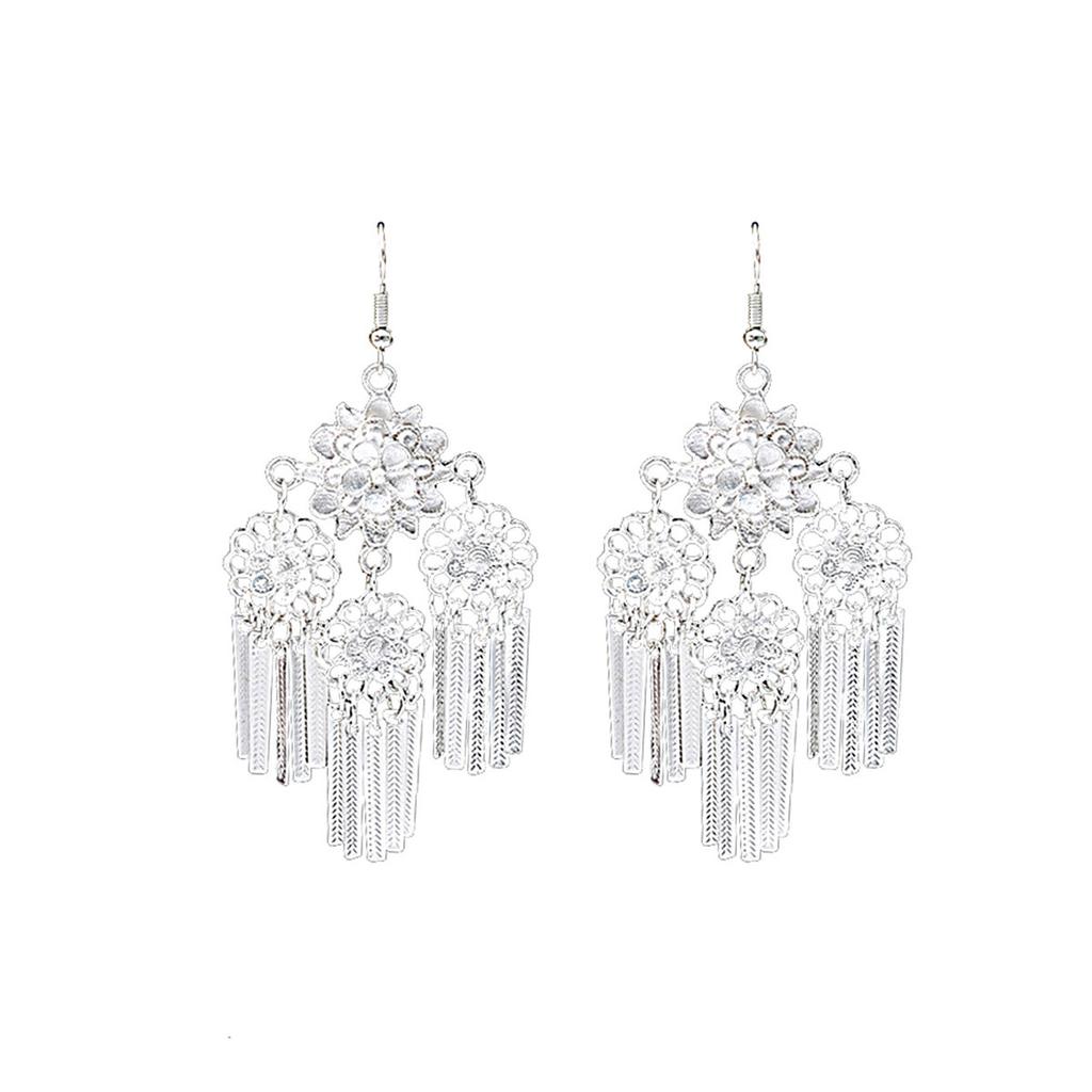 Vintage Miao Silver Minority Wind Earrings Personalized Bohemian Style Flower Long Fringed Earrings