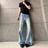American Retro Blue Ink Splashing Loose Ripped Jeans Men's Summer Loose Straight Wide-leg Mopping Trousers Tide