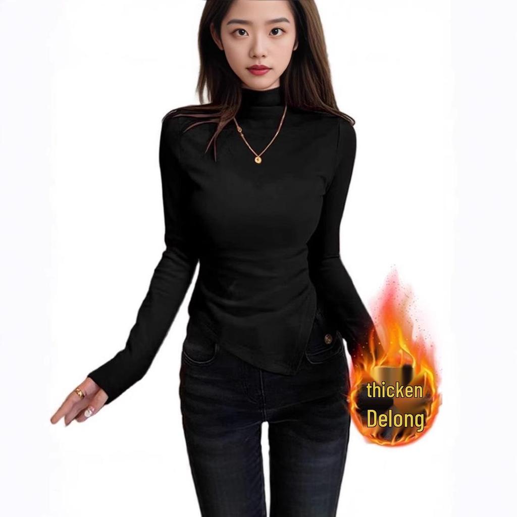 Women's Velvet Semi-High Neck Irregular Shoulder Long Sleeve Slim Fit Autumn Winter Top