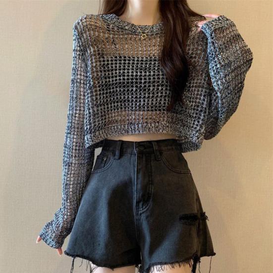 Damen Oberteile Unifarben Lockerer Schnitt Hohlmuster Pullover Oberteile Reine Farbe Sommer Dünne Oberteile Sonnenschutz Kurzes Überwurf-Oberteil