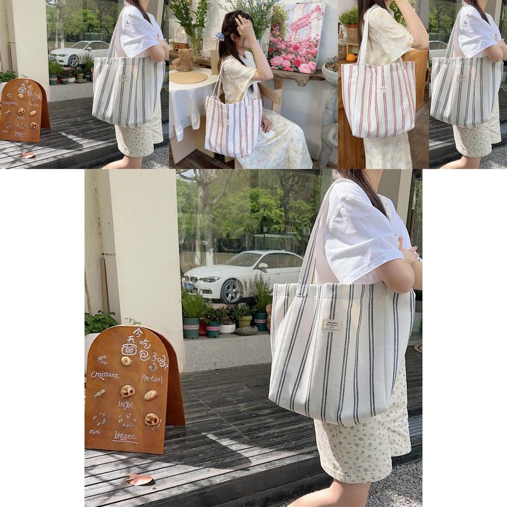 Fashionable Korean Large Capacity Striped Canvas Tote Bag For Spring Summer