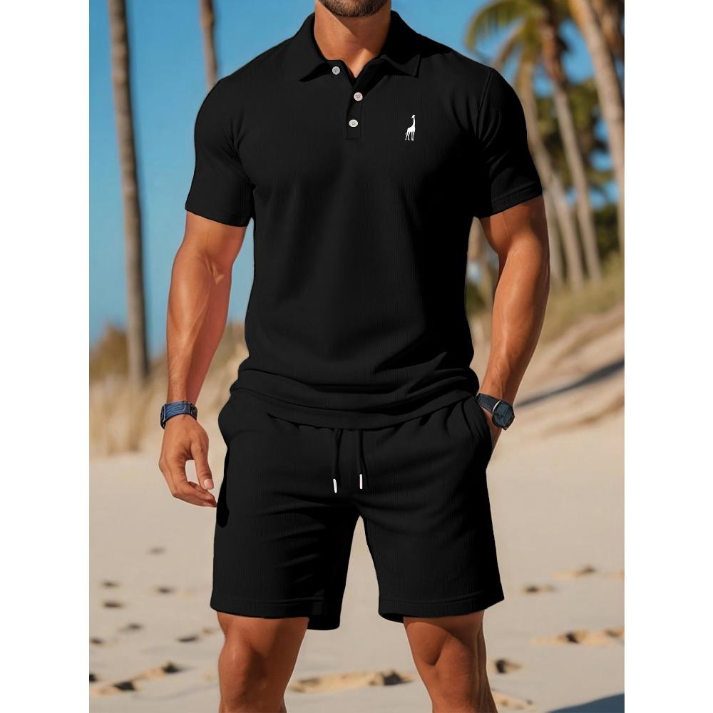 

Мужская мода Принт букв ПОЛО со шортами на кулиске Летний деловой кэжуал Комплект футболка и шорты S чёрный