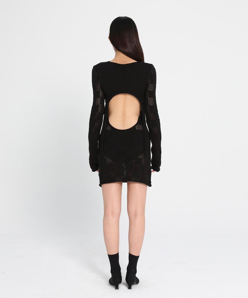 Sio Checkerboard Open Back Knit Dress_Black