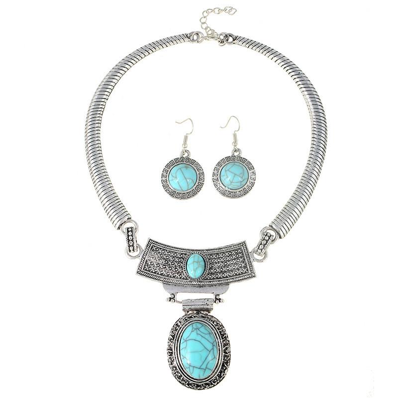 Etnisk Stil Simulering Ädelstensprydnad Dam Halsband och Örhänge Set För Män och Kvinnor