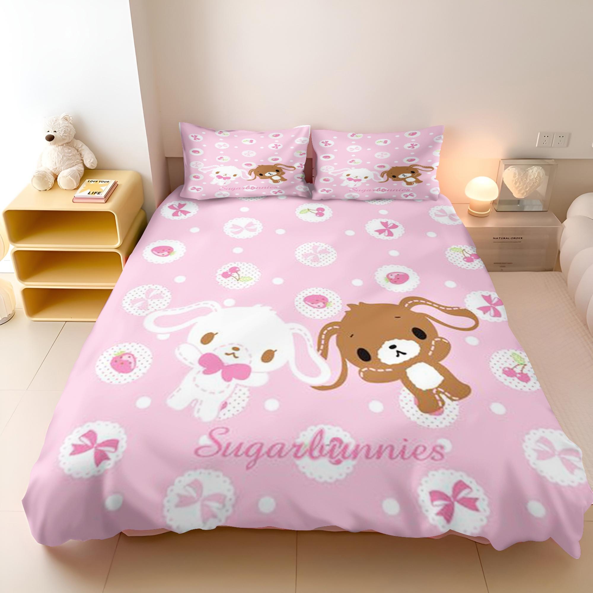 

Honey Bonnie Duvet Cover Set Sanrio Sugarbunnies for Girl Pink Yellow Rabbit Duvet Cover Women Kids Bedroom Decor 135x200cm